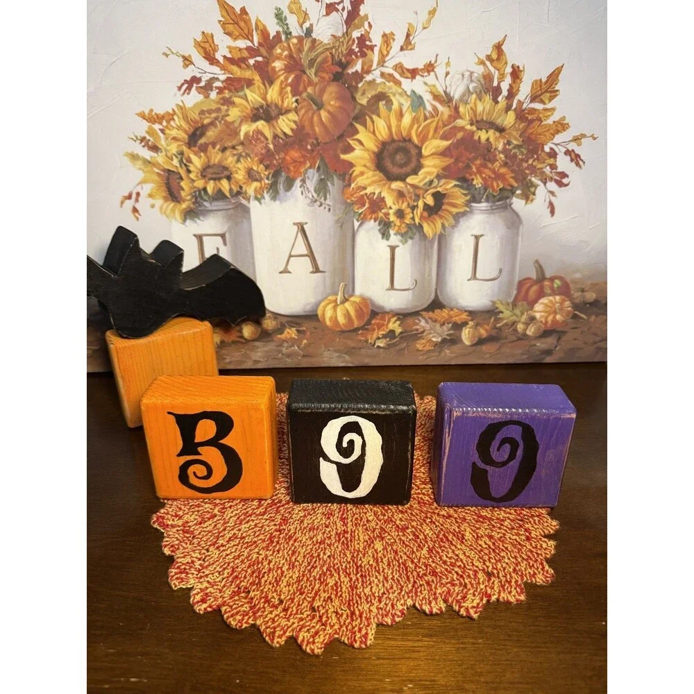 Halloween Decor BOO Wooden Block Handmade Set Primitive Farmhouse Tiered Rustic
